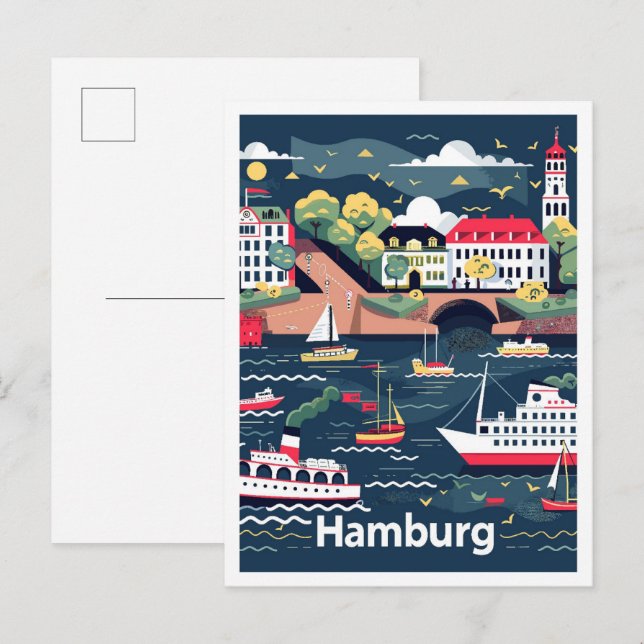 Hamburg Tyskland Vintage Resa Illustration Vykort (Fram/baksida)