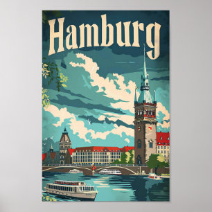 Hamburg Tyskland Vintage Retro Travel Illustration Poster