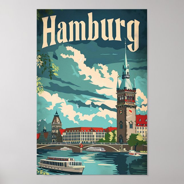 Hamburg Tyskland Vintage Retro Travel Illustration Poster (Framsidan)