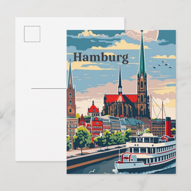 Hamburg Tyskland Vintage Retro Travel Illustration Vykort (Fram/baksida)