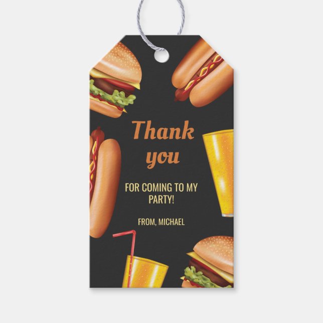 Hamburgare Och Hot Dog Grillmat Tack Fest Presentetikett (Framsidan)
