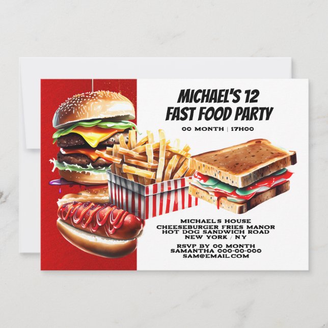 Hamburgare pommes friterad korv snabbmat fest röd inbjudningar (Framsida)
