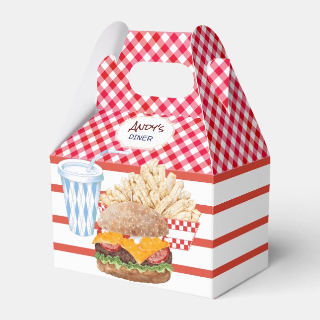 Hamburger Fries Fast Food BBQ Gingham Middag Presentaskar (Framsidan Sidan)