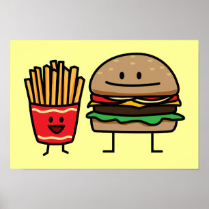 Hamburger och Fries snabbmat bun skräppost hett Poster