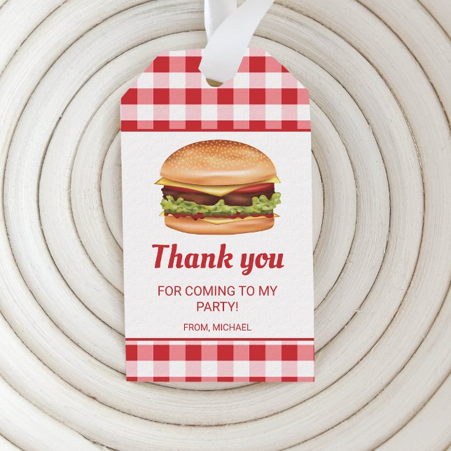 Hamburger on Red Gingham Birthday Tack Presentetikett (Skapare uppladdad)