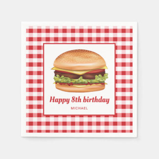 Hamburger on Red Gingham Mönster Grattis på födels Pappersservett