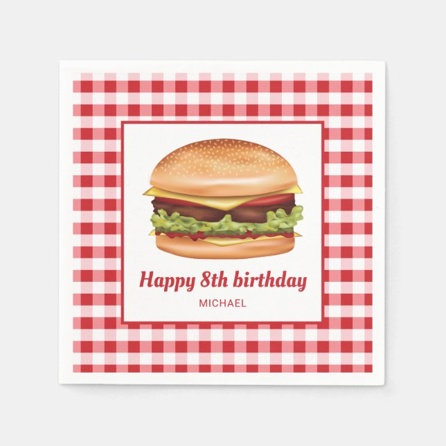 Hamburger on Red Gingham Mönster Grattis på födels Pappersservett (Framsidan)