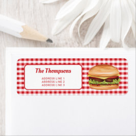 Hamburger on Red Gingham with Anpassningsbar text Returadress Etikett