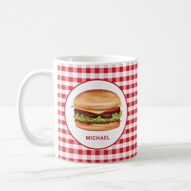 Hamburger på röd gingham med anpassad text kaffemugg (Vänster)