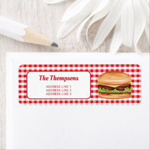 Hamburger på röd gingham med anpassad text returadress etikett