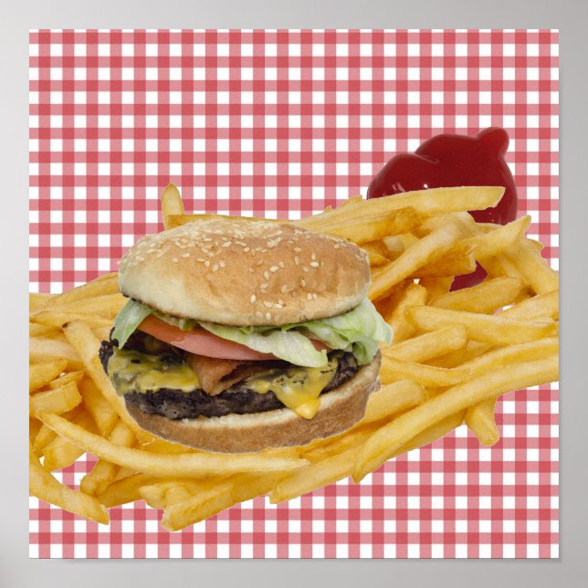 Hamburger, pommes frites, röd-vit rutig bakgrund poster (Framsidan)