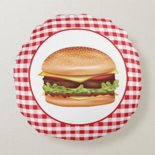 Hamburger Snabbmat Illustration På Röd Rutig Tyg Rund Kudde
