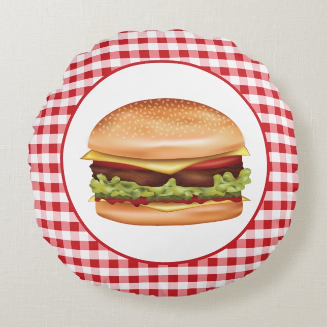 Hamburger Snabbmat Illustration På Röd Rutig Tyg Rund Kudde (Framsidan)