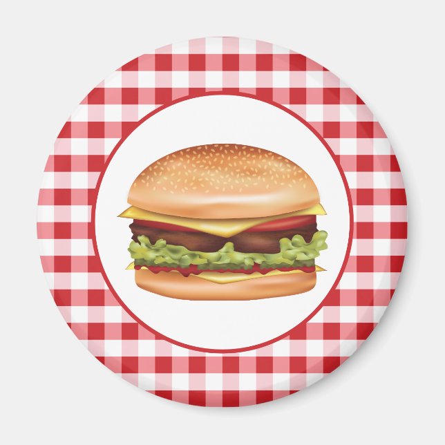 Hamburger Snabbmatillustration på röd Gingham Magnet (Framsidan)