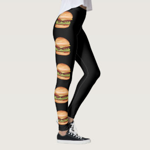 Hamburger Snabbmatillustrationer på svart Leggings