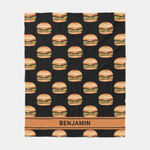 Hamburger Snabbmatmönster på svart med namn Fleecefilt