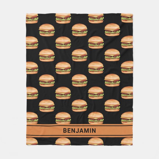 Hamburger Snabbmatmönster på svart med namn Fleecefilt (Framsidan)