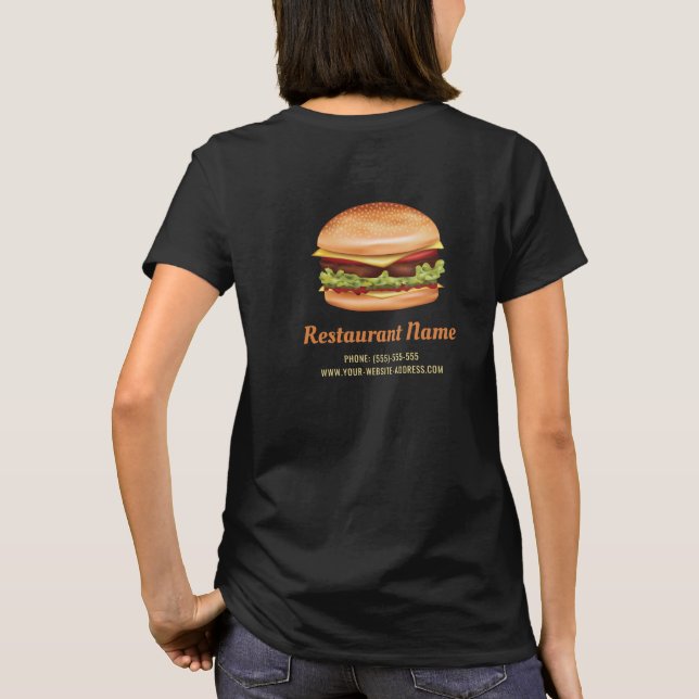 Hamburger snabbmatskedja företagslogotyp och info t shirt (Baksida)