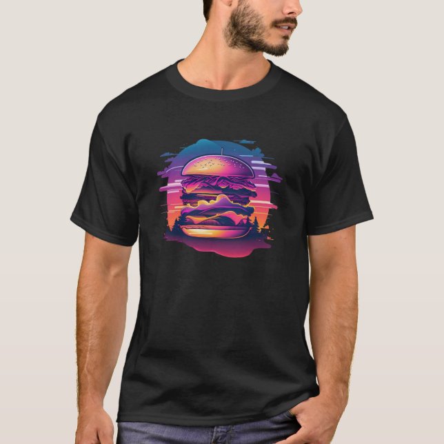 Hamburger Synthwave 80s Retrowave Aesthetic T Shirt (Framsida)