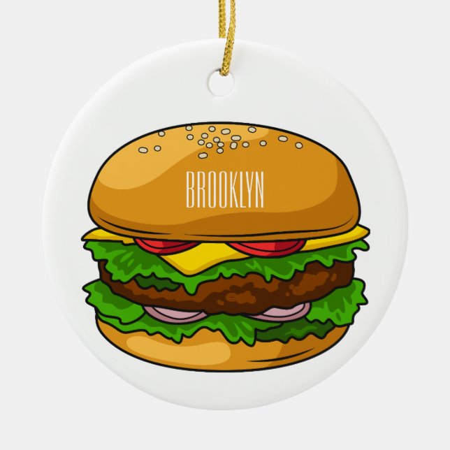Hamburger tecknad illustration julgransprydnad keramik (Framsidan)