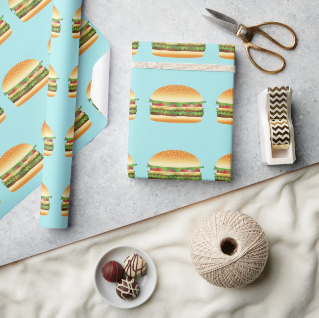 Hamburger Tecknad Illustrerad Mönster På Blå Presentpapper (Hantverk)