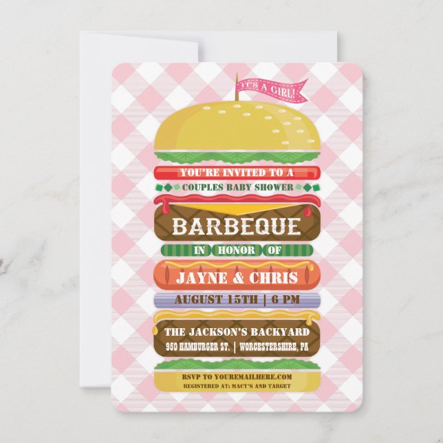 Hamburgerflicka för baby shower grillfest inbjudningar (Framsida)