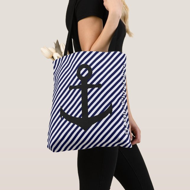 HAMbWG Tote-väska - Marinblå/Vit med Ankar-symbol Tygkasse (Närbild)