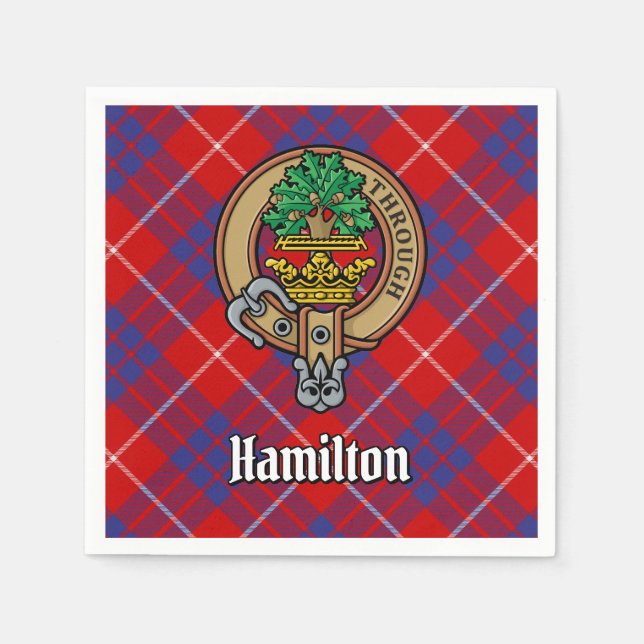 Hamiltonklanens vapensköld över röd tartan pappersservett (Framsidan)