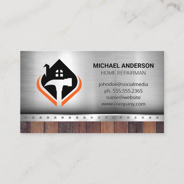 Hammer House Logotyp | Bygg | Metall Wood Visitkort (Framsida)