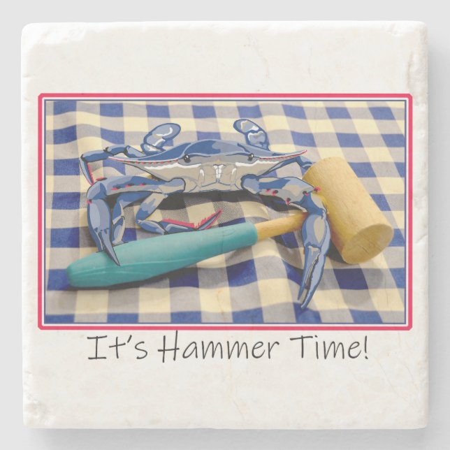 Hammer Time Blue Crab med Hammer på Gingham Stenunderlägg (Framsidan)