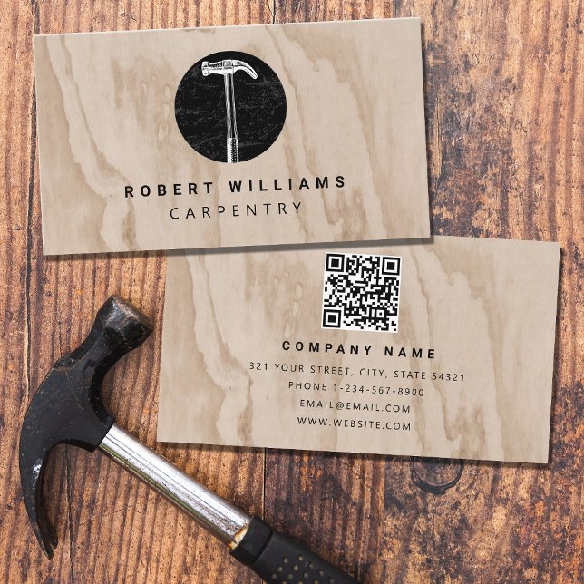 Hammer Wooden Carpenter Construction QR Code Visitkort (Skapare uppladdad)