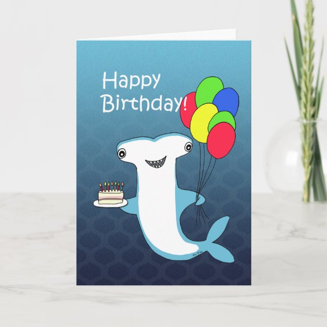 Hammerhead Shark med tårtballonger rolig födelseda Kort (Framsida)