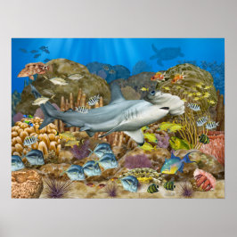 Hammerhead Shark over Coral Reef Poster
