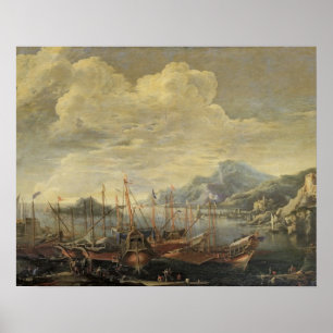 Hamn med fyren och frakter (olja på kanfas) poster
