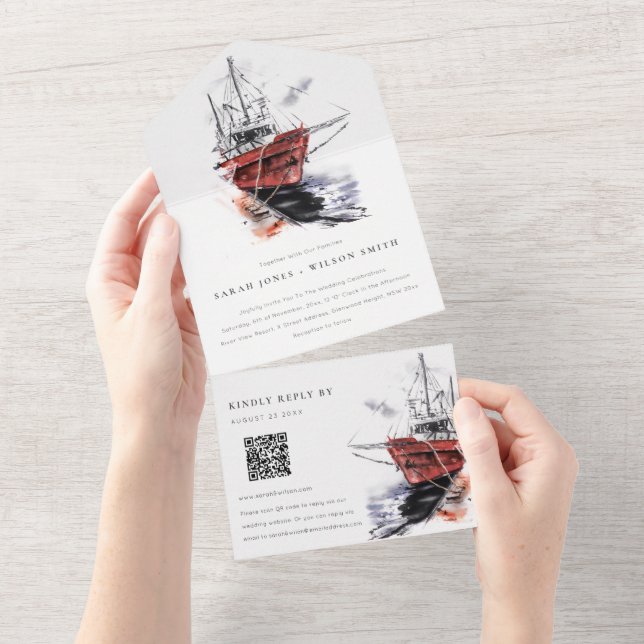 Hamn Yacht Segelbåt Akvarell Bröllops QR-kod (Avrivbar del)