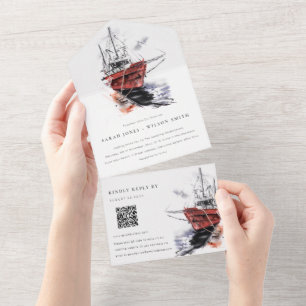 Hamn Yacht Segelbåt Akvarell Bröllops QR-kod