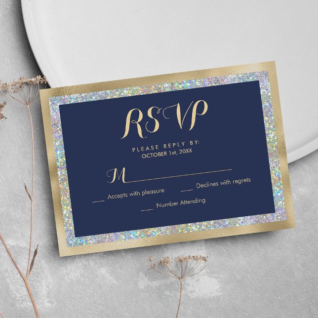 Hamnblått guld silver-holografisk OSA glitter Kort (Navy blue gold silver holographic glitter RSVP )