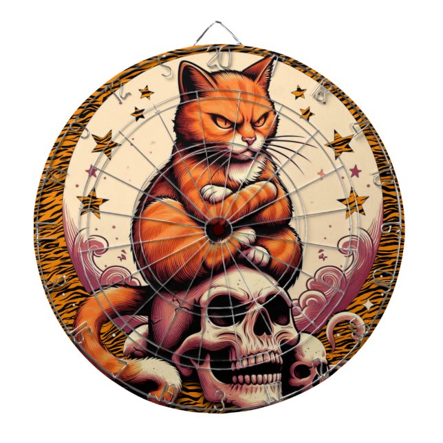 Hämndlysten orange katt, dödskallar och måne darttavla (Framsidan)