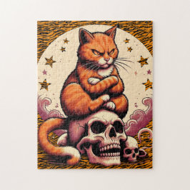 Hämndlysten orange katt, kranier och måne pussel