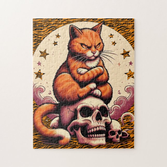 Hämndlysten orange katt, kranier och måne pussel (Vertikal)