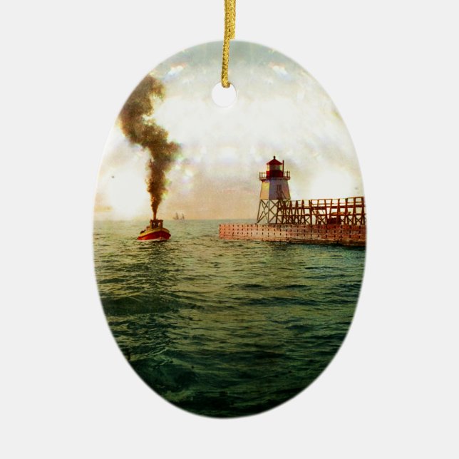 Hamnen hänrycker, Charlevoix, Michigan circa 1900 Julgransprydnad Keramik (Framsidan)