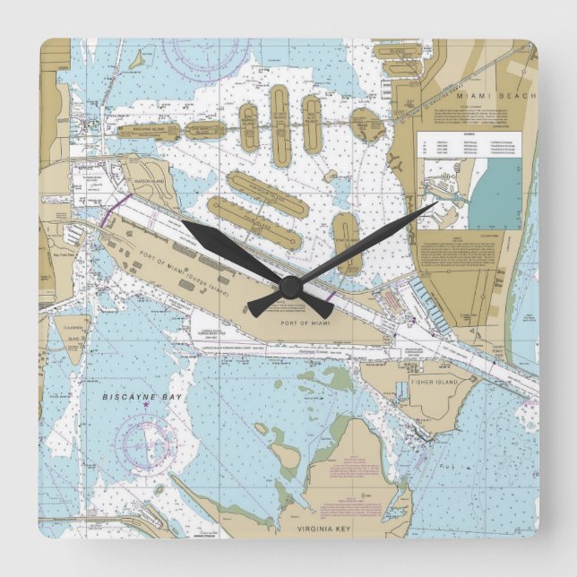 Hamnen i Miami Nautical Chart Fyrkantig Klocka (Framsida)