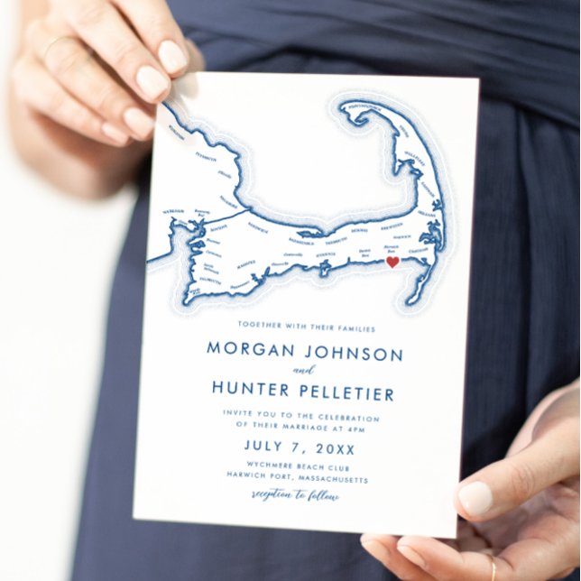 Hamnen Kaptorsk, blå, minimalistisk Bröllop Inbjudningar (Harwich Port MA Minimal Modern Cape Cod Wedding Wedding Invitation in Navy Blue Coastal Map Designs )