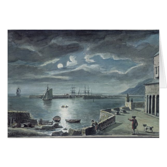 Hamnen och Cobben, Lyme Regis vid månsken Hälsningskort (Framsidan Horizontal)