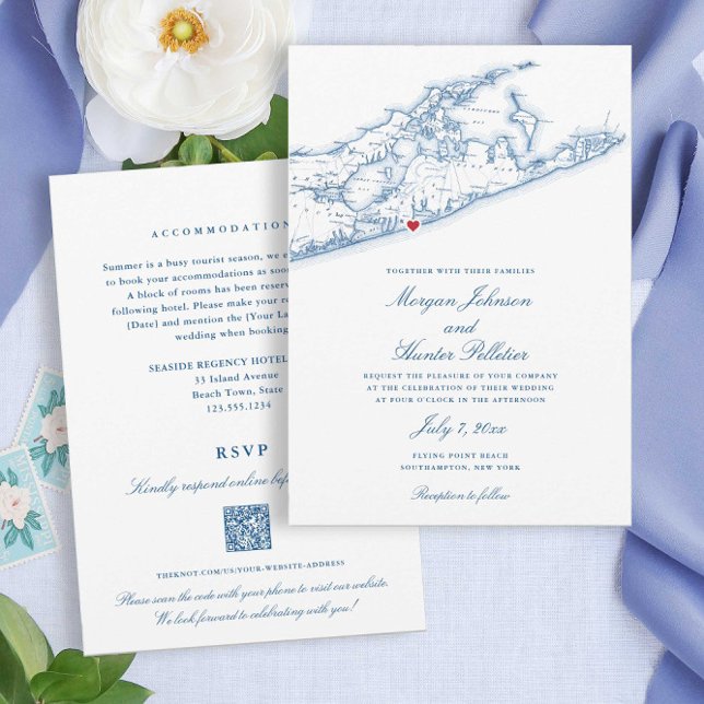 Hampton Beach all-in-one QR-kod OSA Bröllop Inbjudningar (These affordable Hamptons Wedding Invitations save money AND paper with double sided QR code design)