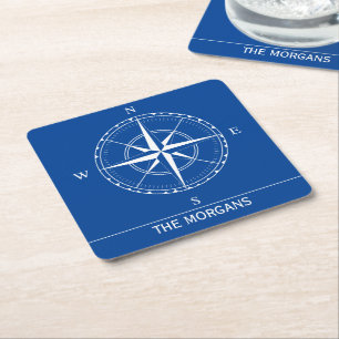 Hampton Blue and White Fraktass Compass Nautical Underlägg Papper Kvadrat