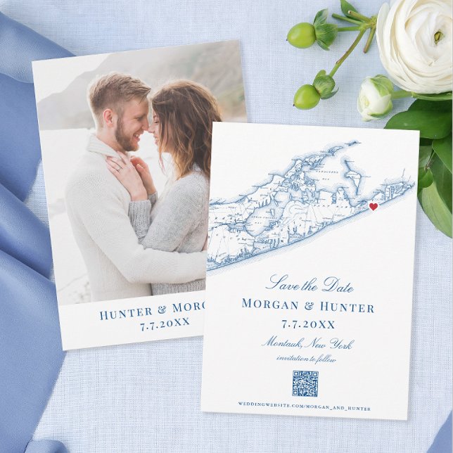 Hampton Montauk Bröllop Elegant QR-kod Spara Datumet (Montauk Save the Dates in navy blue with QR code perfect for your Hamptons destination wedding.)