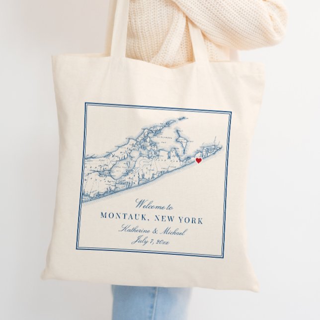 Hampton Montauk Bröllop Välkomsthälsning Tygkasse (This Hamptons tote bag welcomes your guests to Montauk or anywhere else with customizable text.)