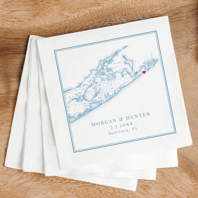Hampton Montauk Elegant Oyster Blue Bröllop Pappersservett (Elegant Montauk NY Wedding napkins in Oyster Blue with Hamptons map by Coastal Map Designs)