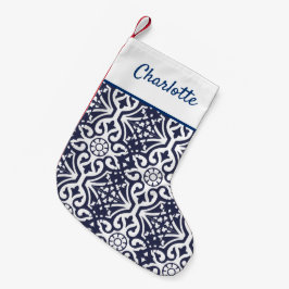 Hampton Navy Blue and White Talavera Tile Liten Julstrumpa